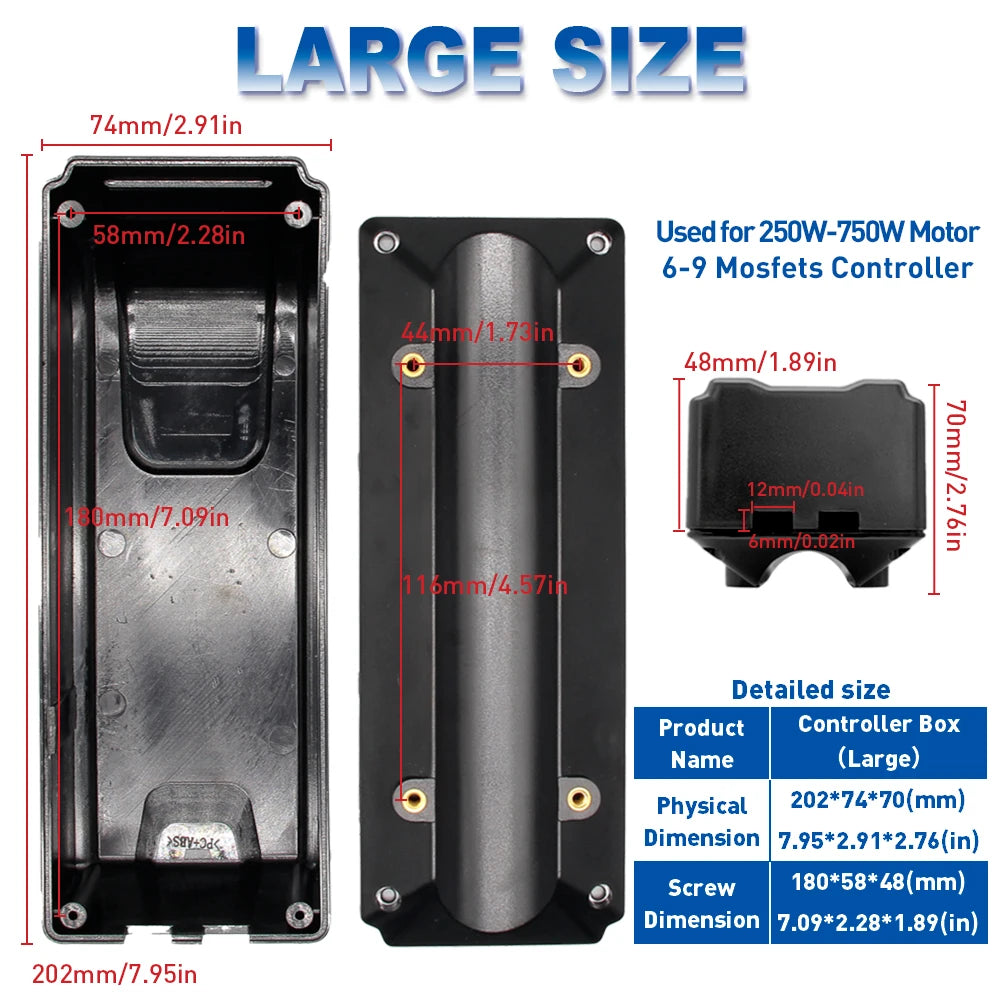 Technical dimension diagram of a large size motor controller enclosure, showing front, back, and side views with red measurement lines and labels, plus a blue size table on the right.