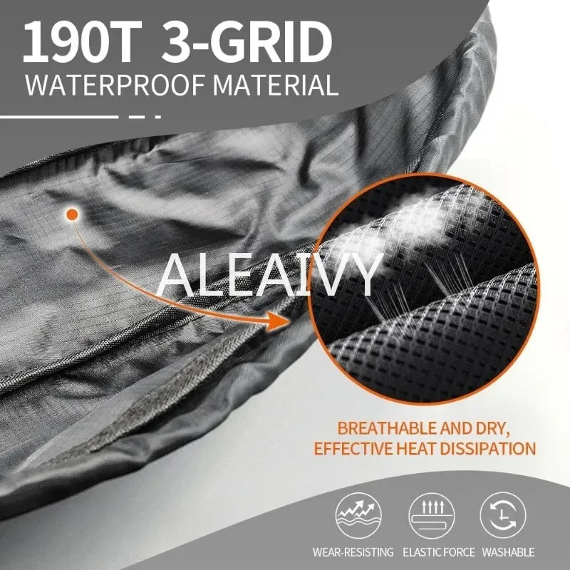 Close-up of a gray waterproof fabric garment with marketing text reading '190T 3-GRID WATERPROOF MATERIAL,' 'ALEAVIY,' and feature callouts about breathability, dryness, and heat dissipation, plus small icons for wear-resisting, elastic force, and washable.