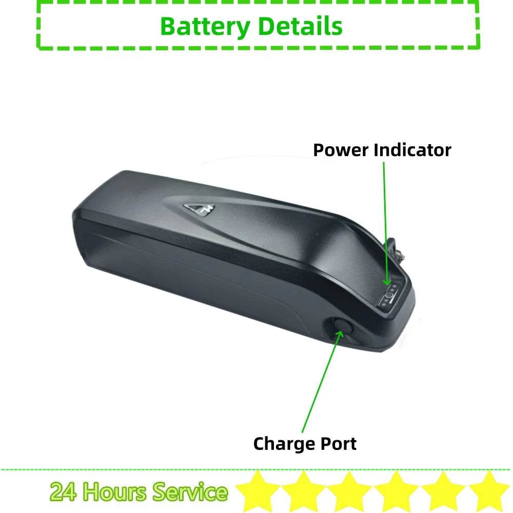 Battery pack with power indicator and charge port labeled, on a white background.
