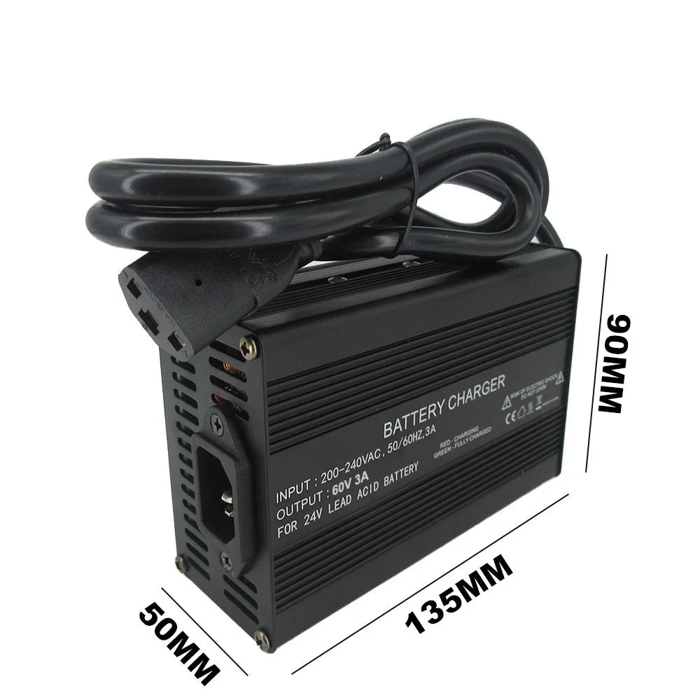 Black battery charger power supply with a coiled black cable, shown on a white background with dimension labels indicating 135mm length, 50mm width, and 90mm height.
