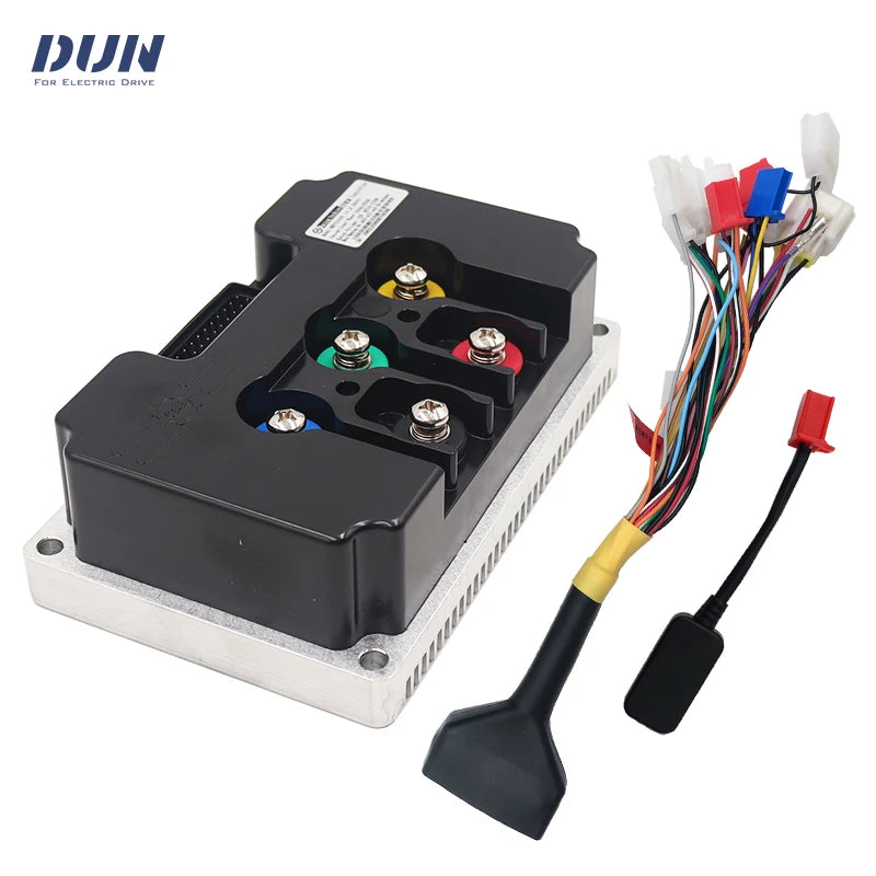 A black and silver electric drive control module with attached wiring harnesses and connector plugs, shown on a white background. The brand logo 'DUN FOR ELECTRIC DRIVE' is visible in the top left corner.