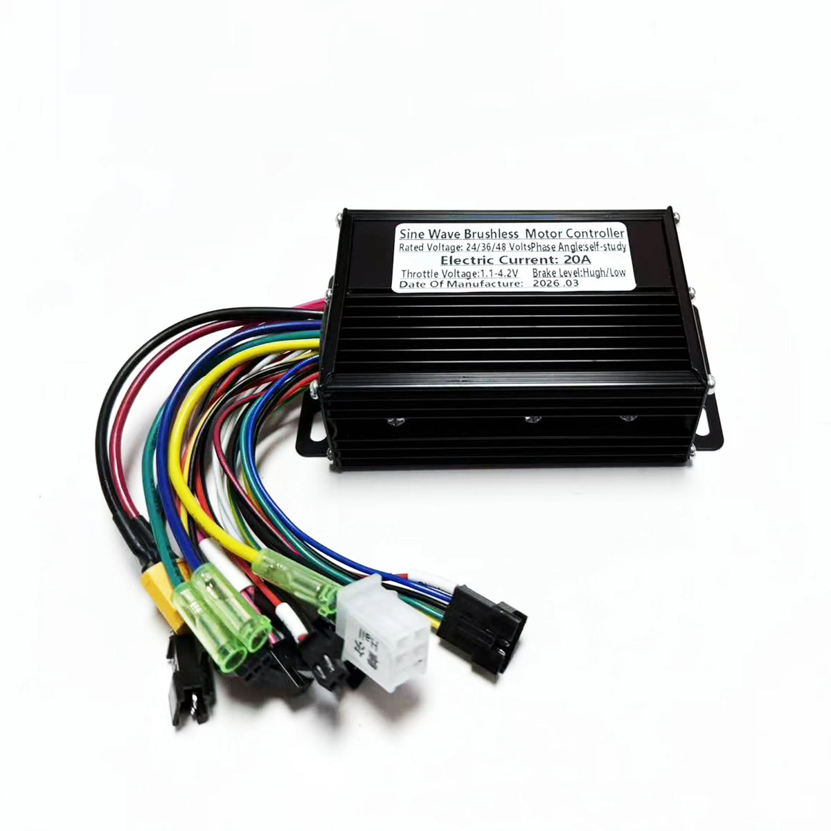 A black rectangular sine wave brushless motor controller with a white label, featuring multiple colored wires and connectors, shown on a white background.
