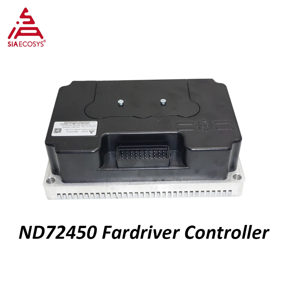 SIAECOSYS ND72450 Fardriver Controller electronic module, featuring a black plastic top casing and a silver aluminum heat sink base, shown on a white background with text overlay.