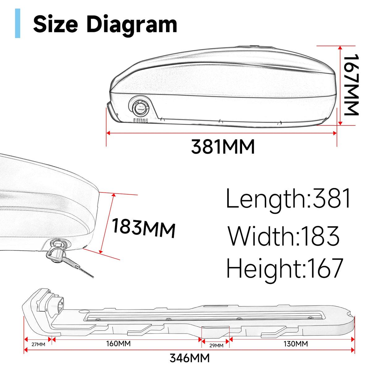 Size diagram of a motorcycle luggage rack with dimensions labeled