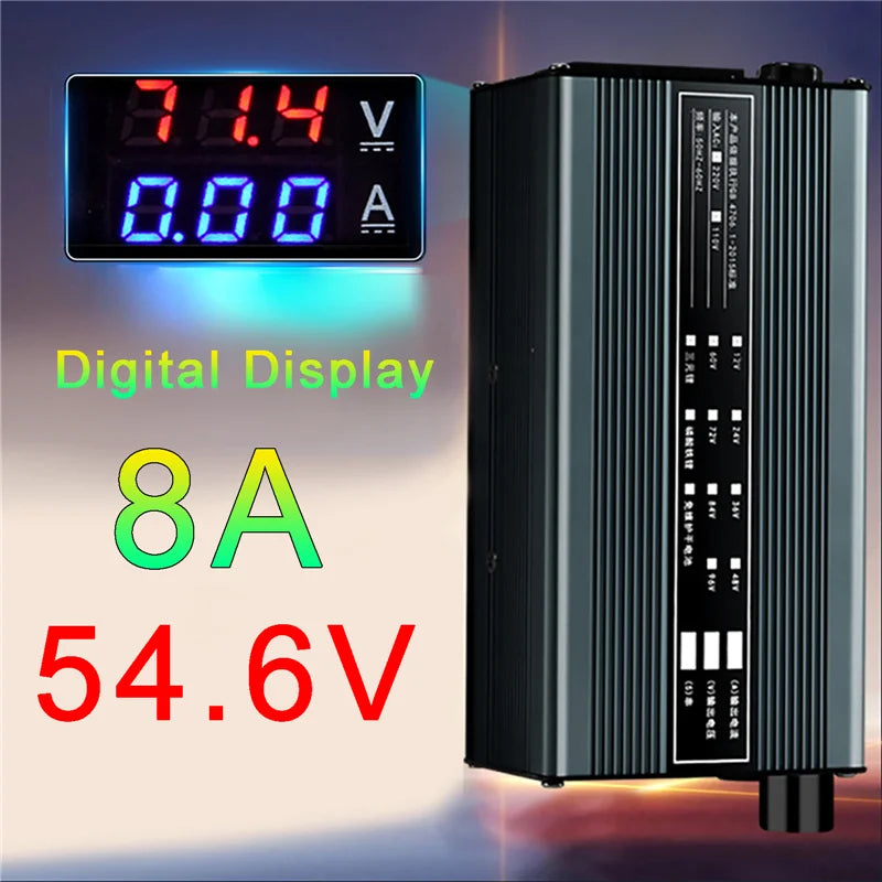 An 8A 54.6V digital power inverter or booster shown with a black ribbed metal housing and a digital display screen showing 71.