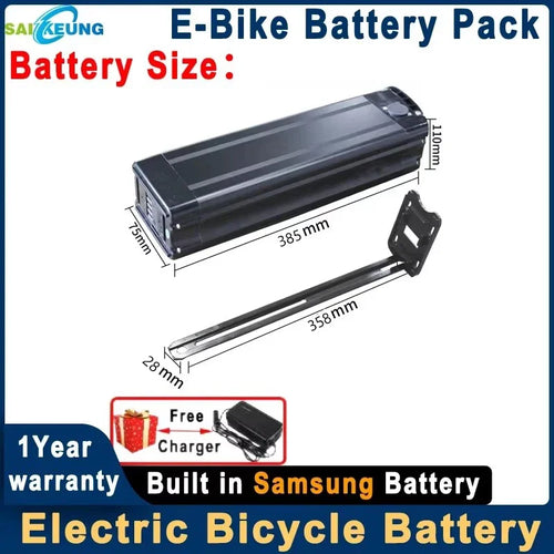 A black rectangular electric bicycle battery pack with dimension labels (385 mm length, 75 mm width, 110 mm height) and a mounting bracket shown beside it on a white background. The image includes marketing text such as 'E-Bike Battery Pack,' 'Battery Size:', 'Built in Samsung Battery,' 'Free Charger,' and '1 Year warranty.