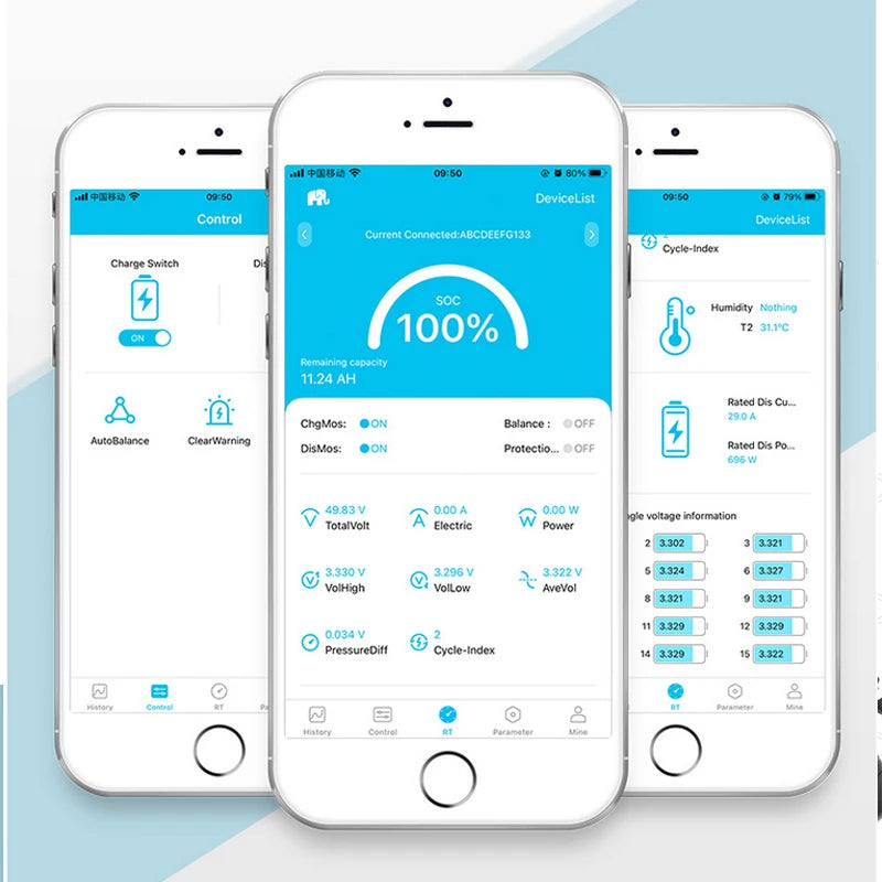 Three smartphones displaying an app interface with various icons and information on a light blue background.