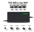 Black 72V 20S Li-ion 84V power adapter with multiple plug options shown above and below, on a white background.