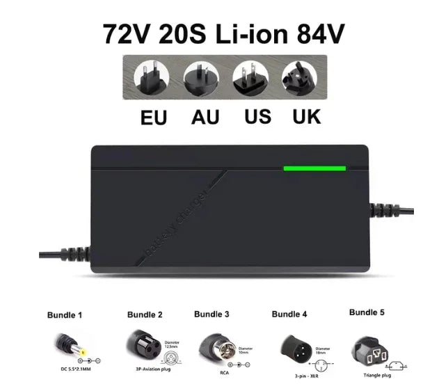 Black 72V 20S Li-ion 84V power adapter with multiple plug options shown above and below, on a white background.