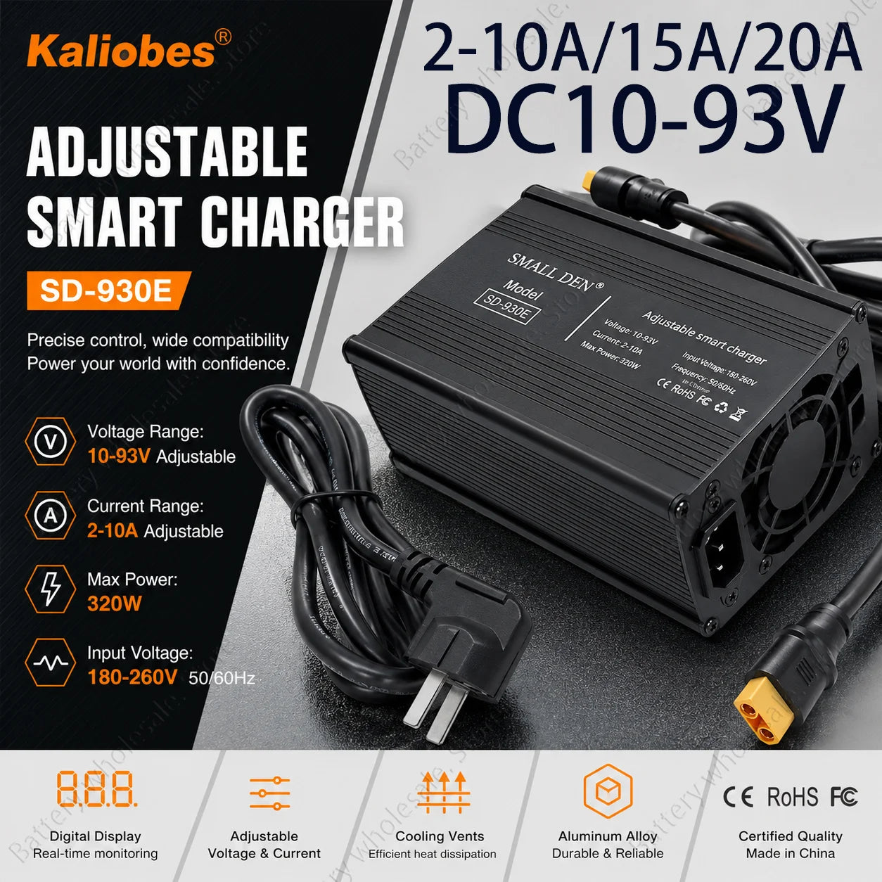 Kaliobes SD-930E adjustable smart charger power supply, black aluminum box with cooling vents, shown with attached black cables and connectors on a dark gray background with product specs and feature icons.