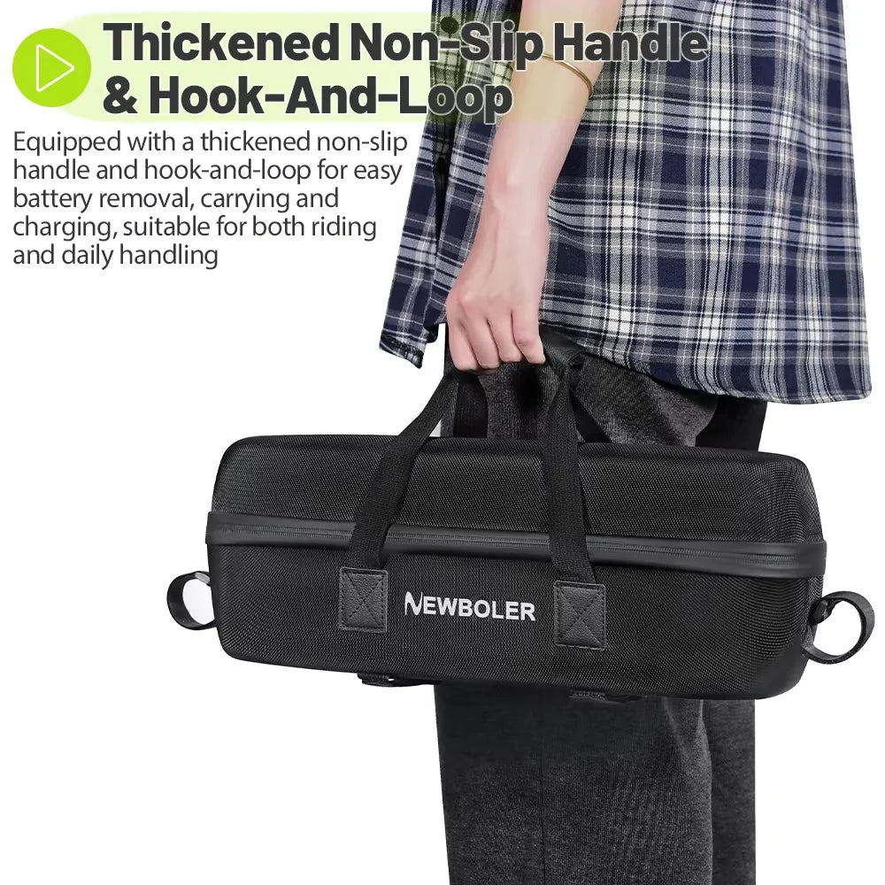 A person wearing a blue plaid shirt and dark pants holds a black Newboler hard case with a thick handle and side loops. Text on the left highlights the thickened non-slip handle and hook-and-loop design.
