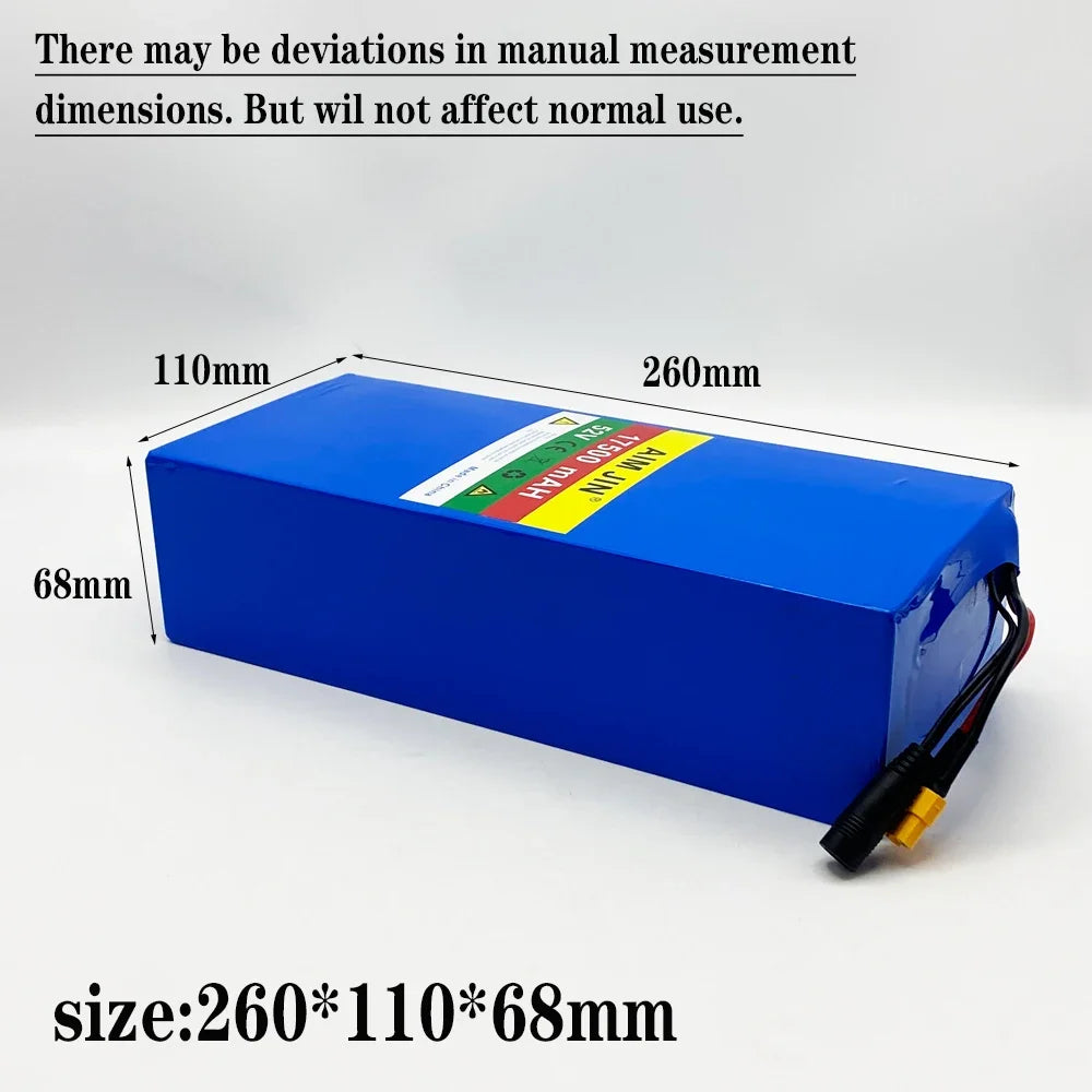 Blue rectangular lithium-ion battery with dimension markings of 260mm x 110mm x 68mm, shown on a light gray background with text noting measurement deviations.
