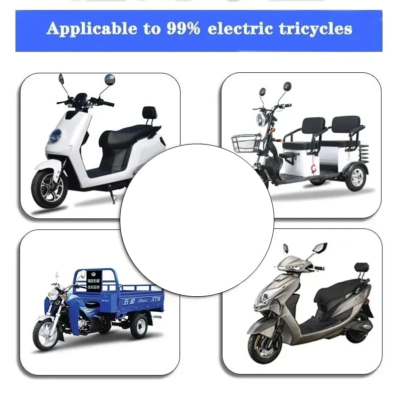 A collage showing four different electric tricycles and scooters around a blank white circle, with a blue banner at the top reading 'Applicable to 99% electric tricycles'.