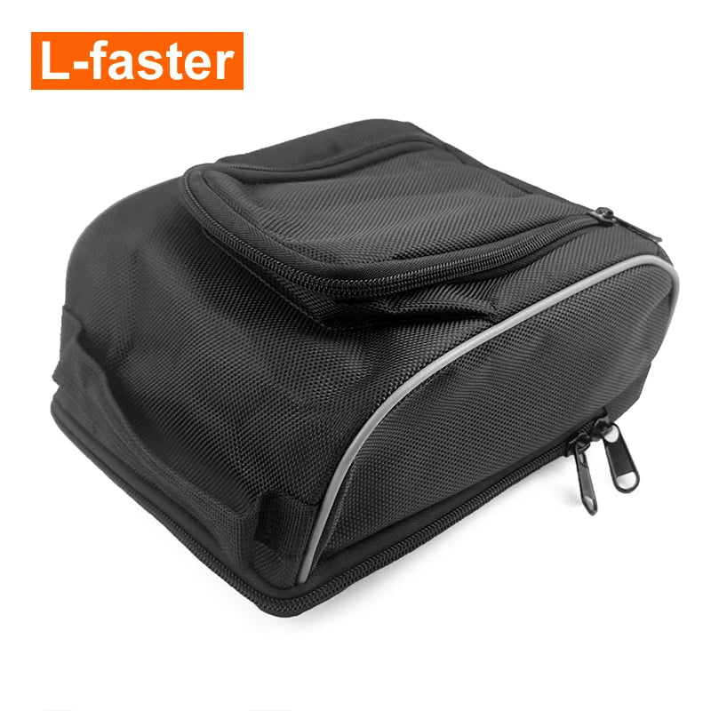 A black textured zippered storage bag with a gray piping accent, shown on a white background with an orange 'L-faster' logo in the top-left corner.