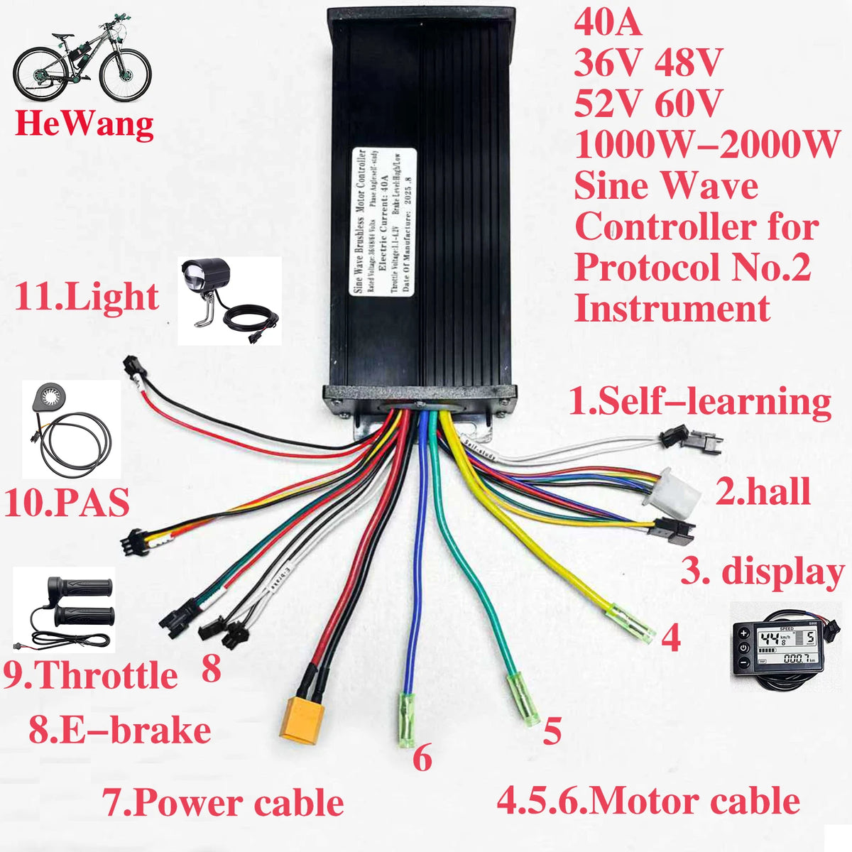 Electric bike controller with labeled connections and specifications on a white background