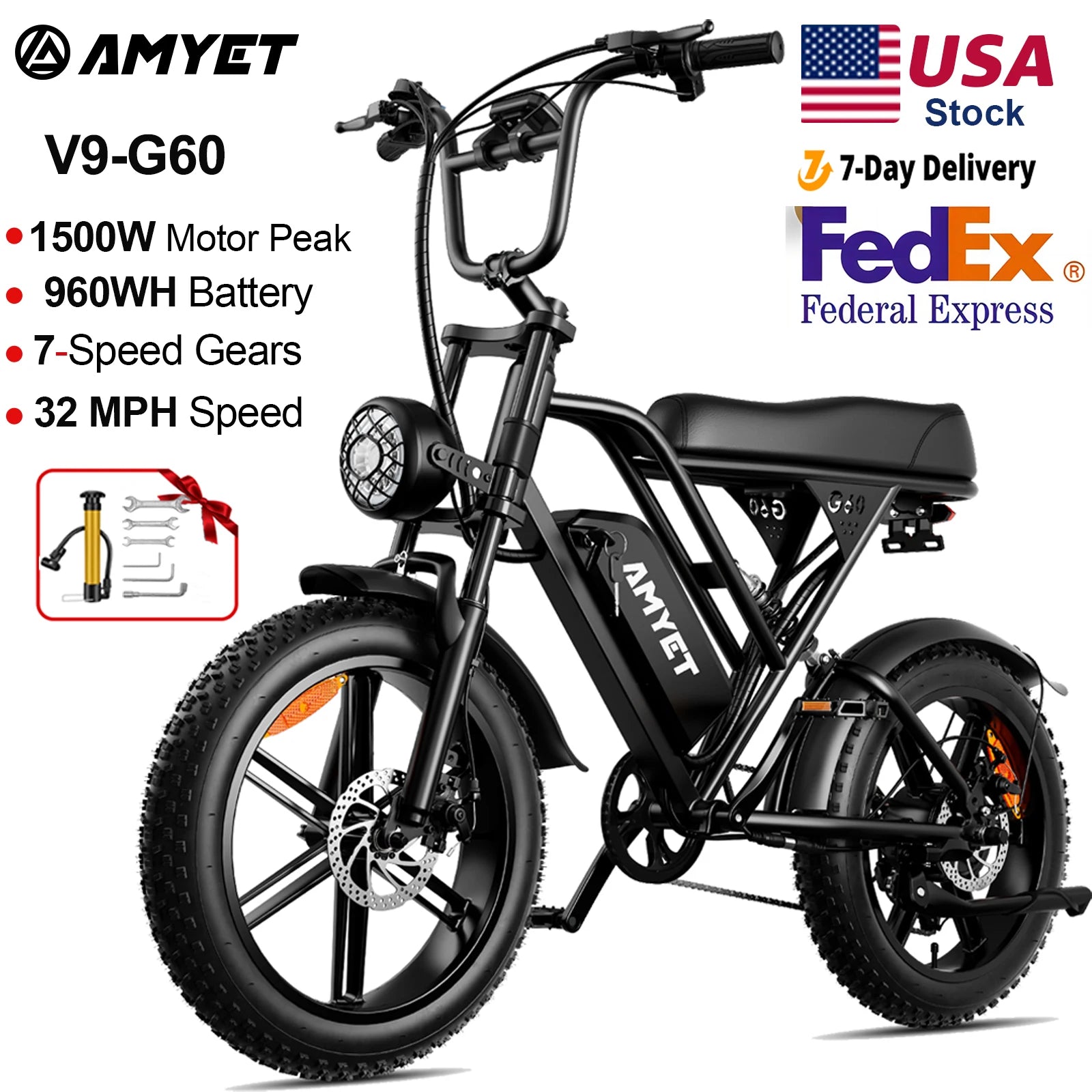AMYET V9-G60 Electric Bike | 1000W 48V 20AH 20" Fat Tire