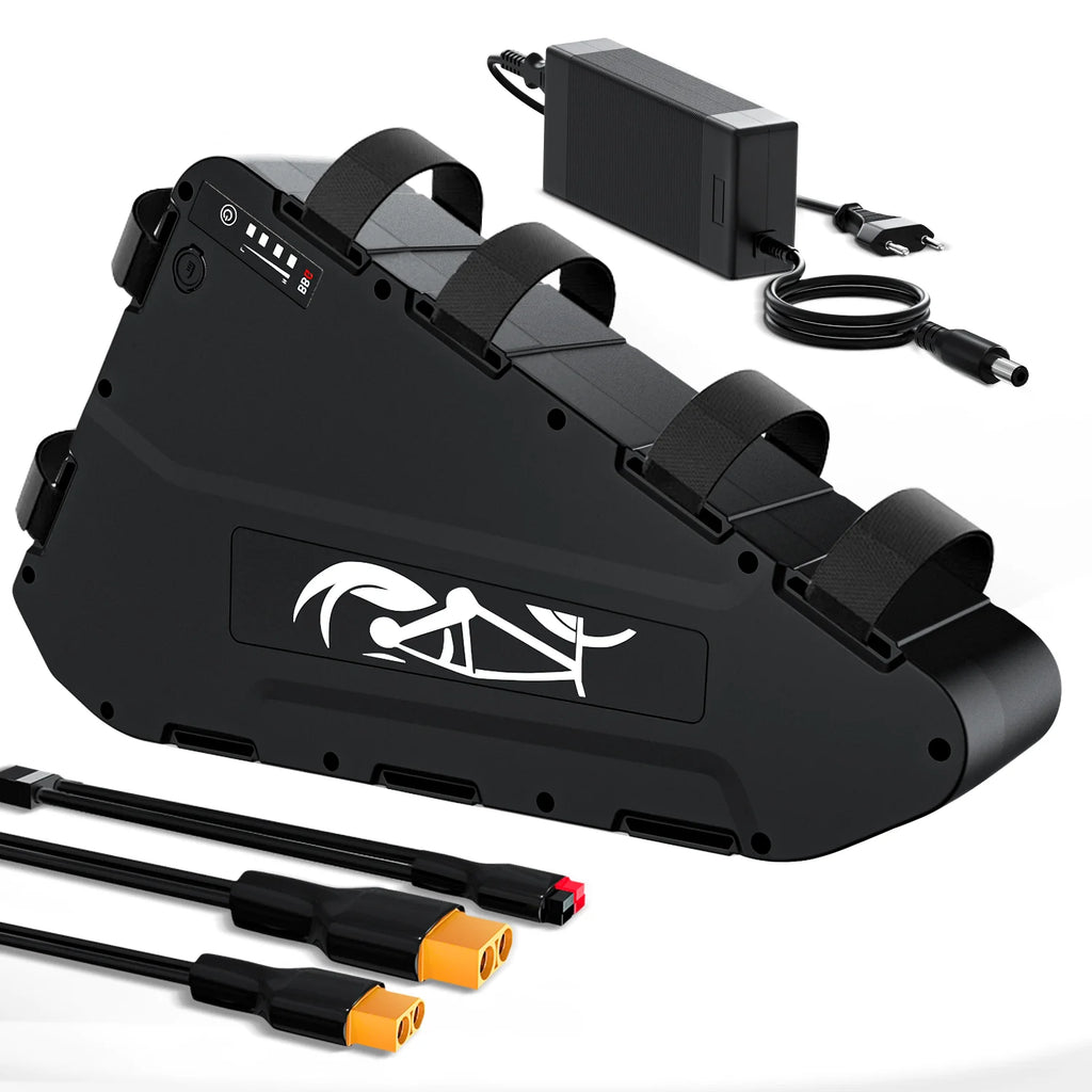 Black electric bicycle battery pack with integrated handlebar straps, shown with a white graphic logo on the side, an external power adapter, and two cable connectors with orange and red tips, all on a white background.