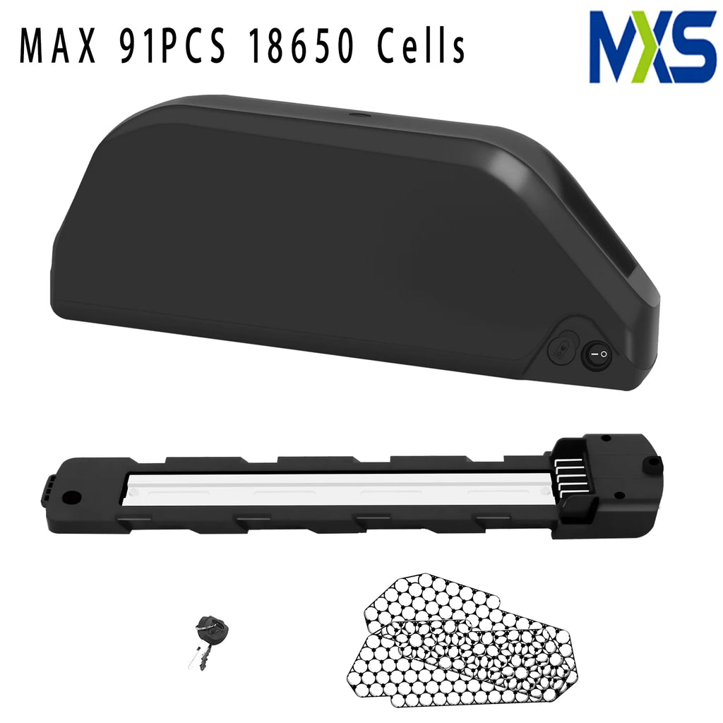 Black MXS portable LED light bar kit with a battery, battery cover, mounting bracket, keys, and honeycomb-patterned filter sheet on a white background.