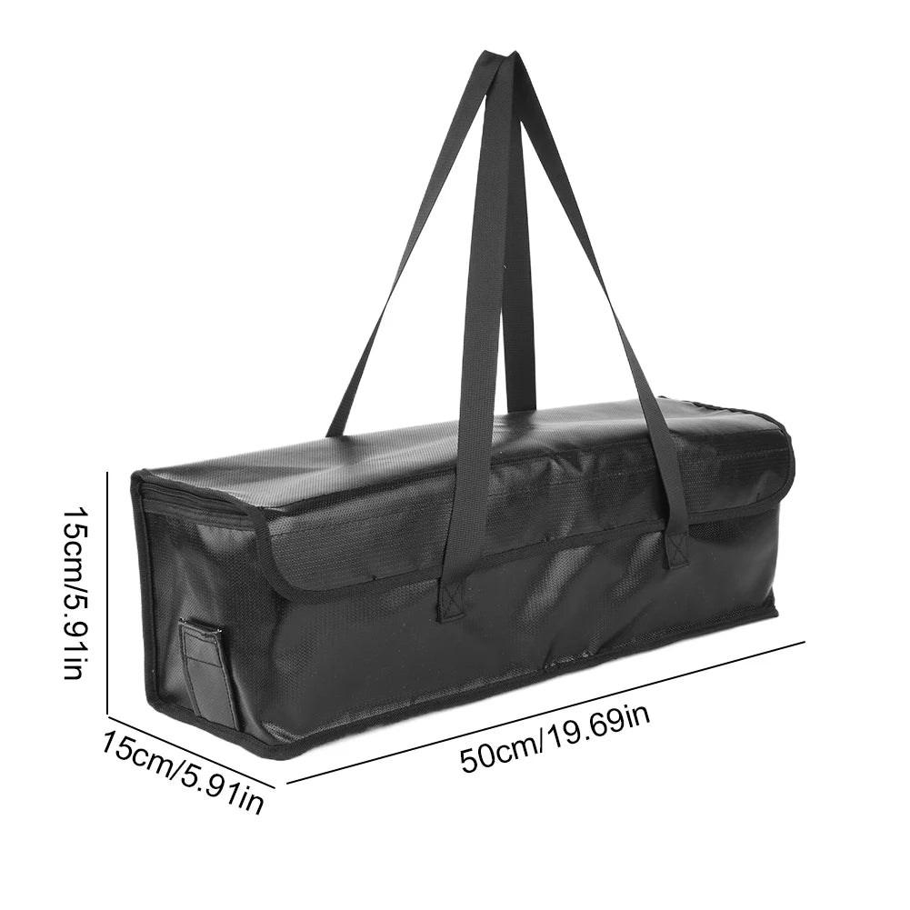 Black carrying bag with dimensions indicated on a white background