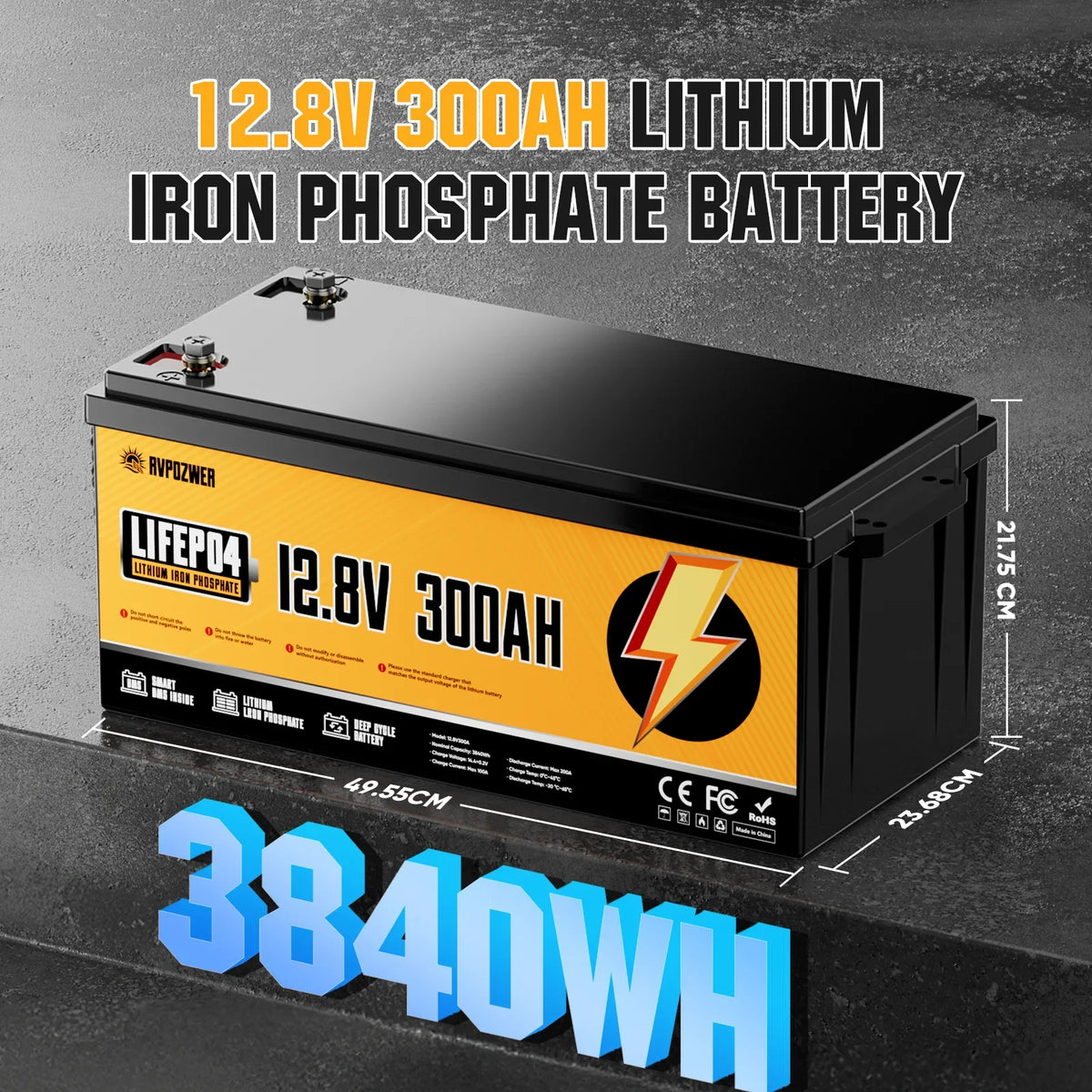 RVPOZWER 12V 300Ah LiFePO4 Battery | 3840Wh