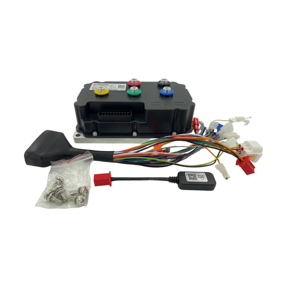 An electric scooter or motor control box kit with a black main control unit, various colored wiring harnesses, a black throttle switch, a small black remote, and a bag of mounting hardware, shown on a white background.