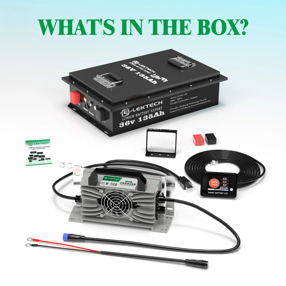 A product bundle titled 'WHAT'S IN THE BOX?' showing a black LEIKTECH 36V 135Ah lithium battery, a silver cooling fan controller, a black cable, a small black control module, mounting brackets, and accessories on a white background with a light blue gradient.