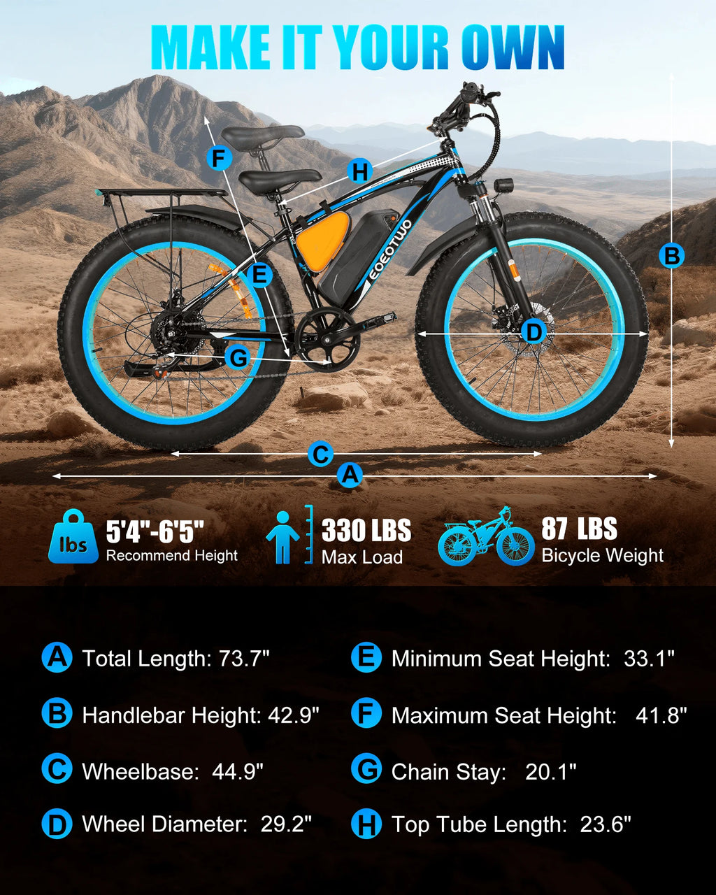 Electric bike with specifications and dimensions displayed on a desert landscape background
