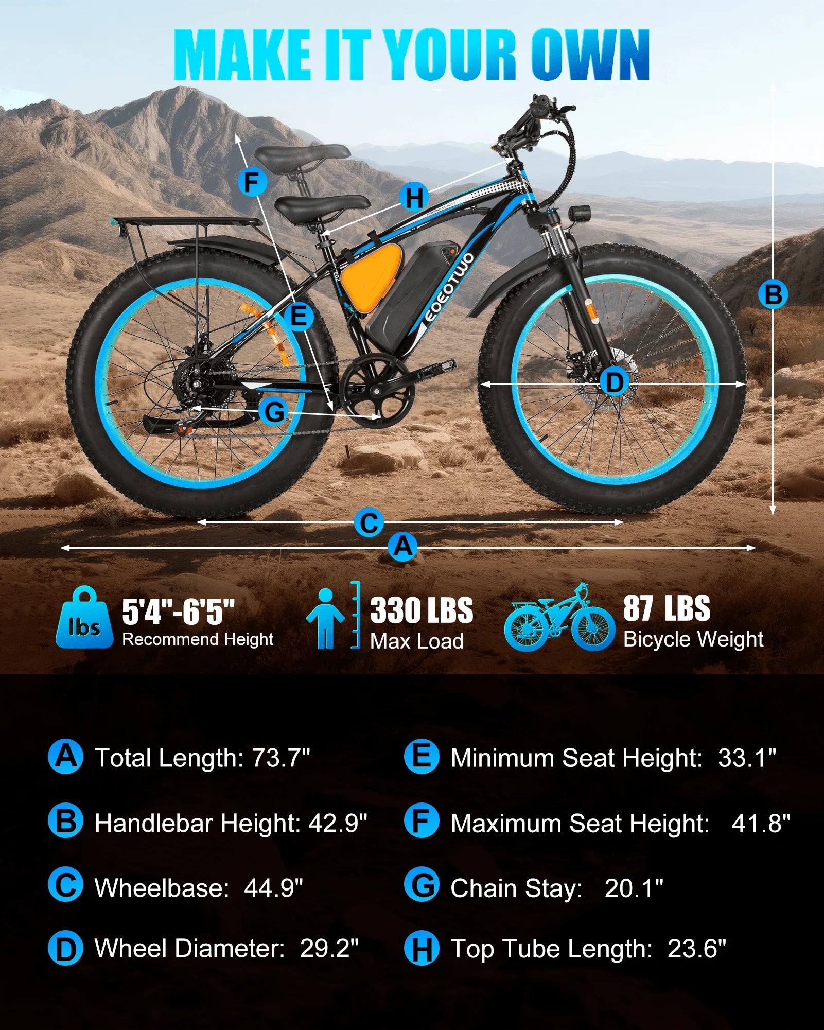 Electric bike with specifications and dimensions displayed on a desert landscape background