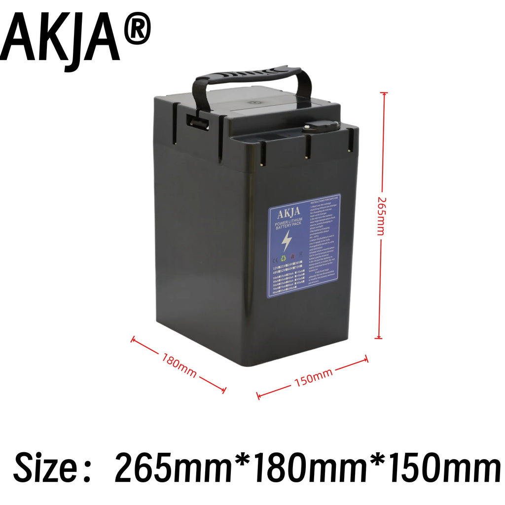 Black AKJA lead-acid battery with a top handle, shown on a white background with red dimension lines and text indicating measurements of 265mm, 180mm, and 150mm.