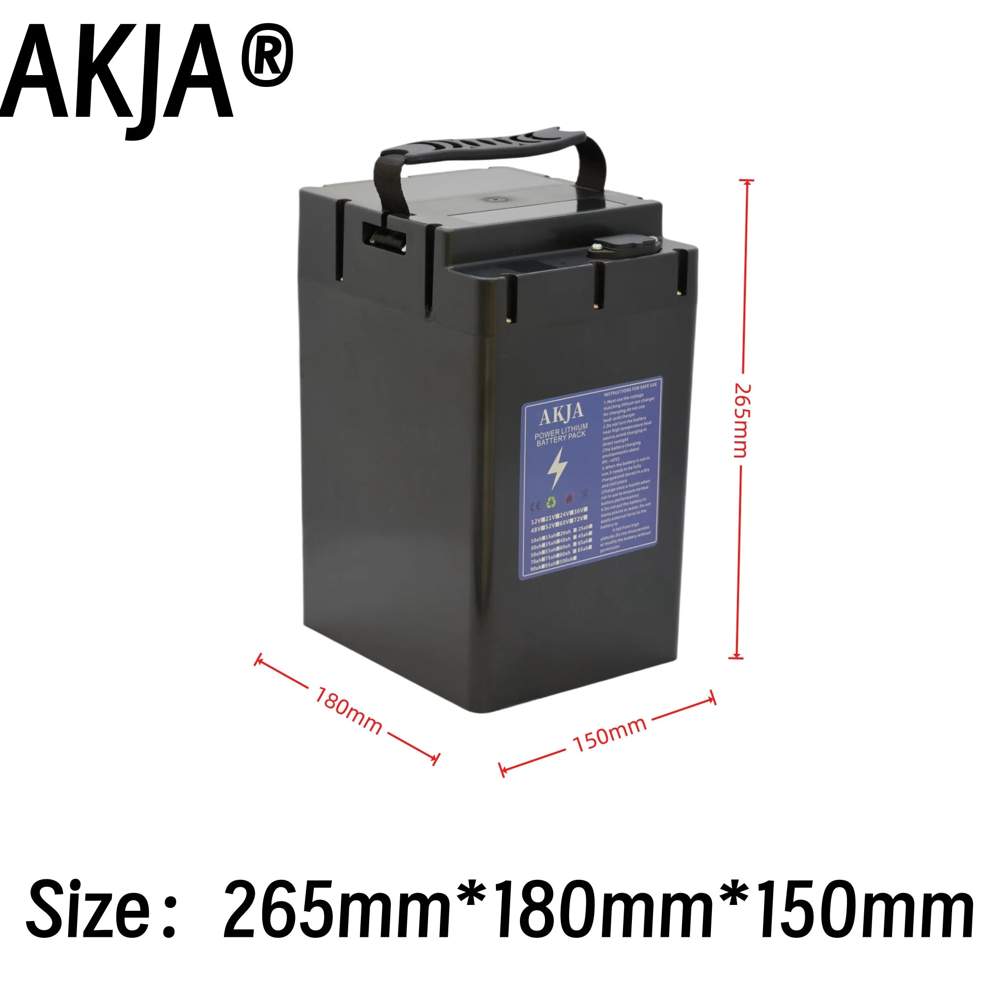 Black AKJA lead-acid battery with a top handle, shown on a white background with red dimension lines and text indicating measurements of 265mm, 180mm, and 150mm.