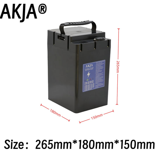 Black AKJA lead-acid battery with a top handle, shown on a white background with red dimension lines and text indicating measurements of 265mm, 180mm, and 150mm.