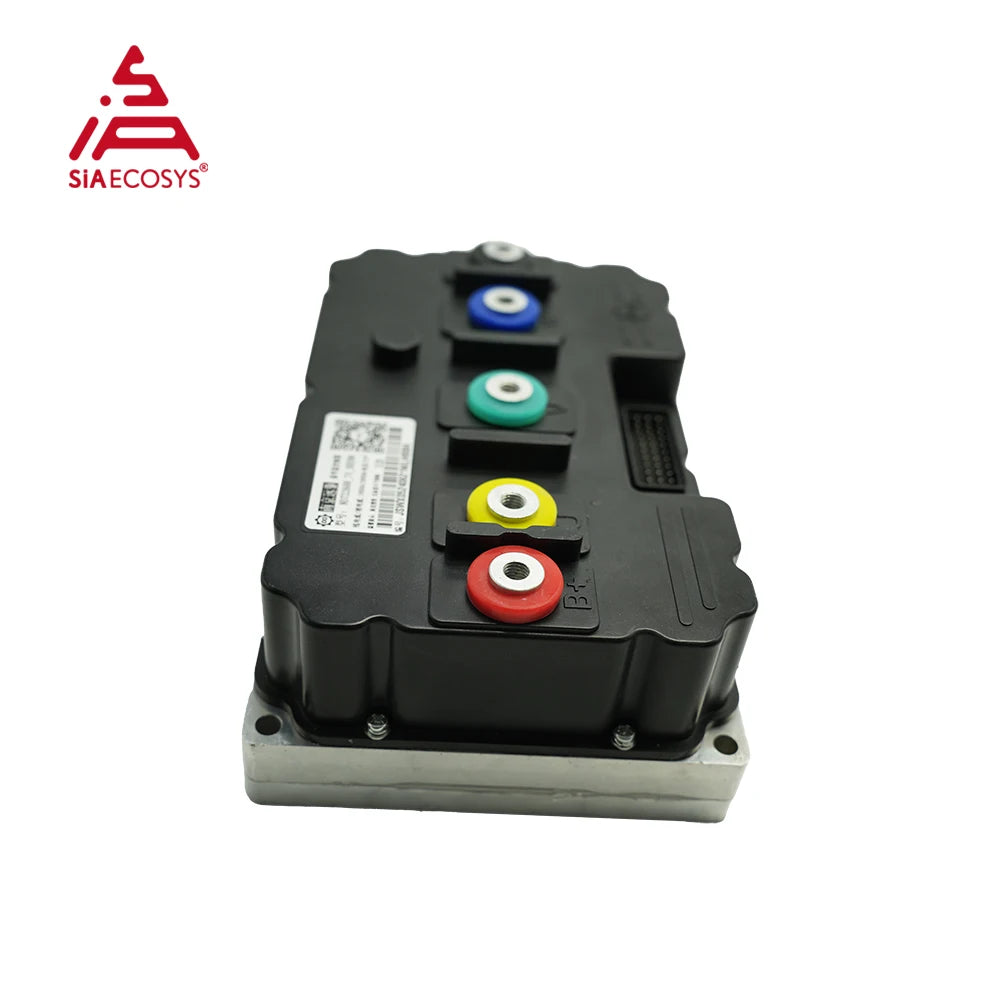 SIAECOSYS industrial electronic module with a black plastic housing, silver metal base, and four colored terminal caps (blue, green, yellow, red) on a white background.