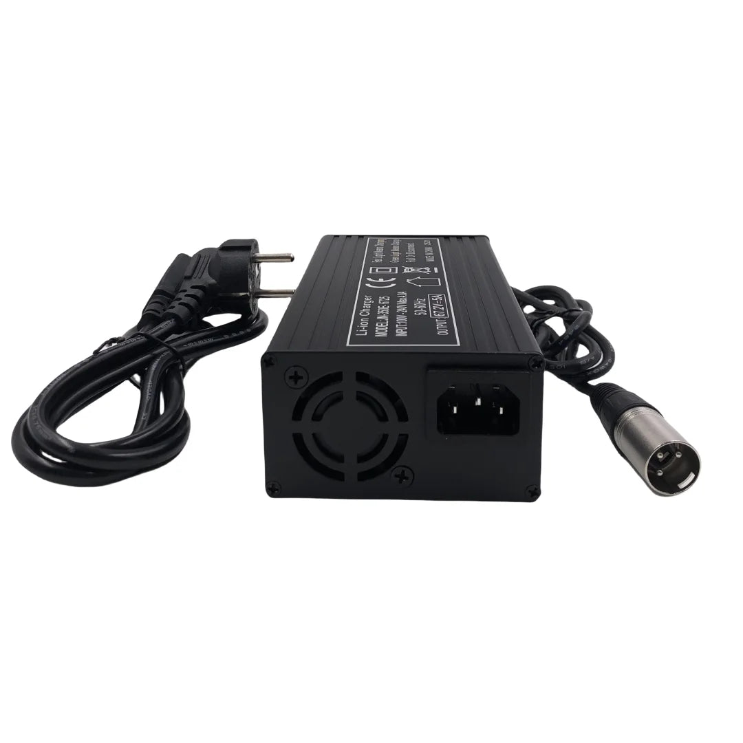 Black power adapter with cables on a white background