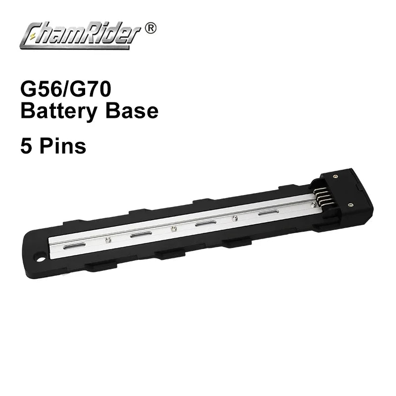 ChamRider G56/G70 Battery Base 5 Pins adapter, black plastic housing with a silver metal contact rail, shown on a white background with product specifications text.