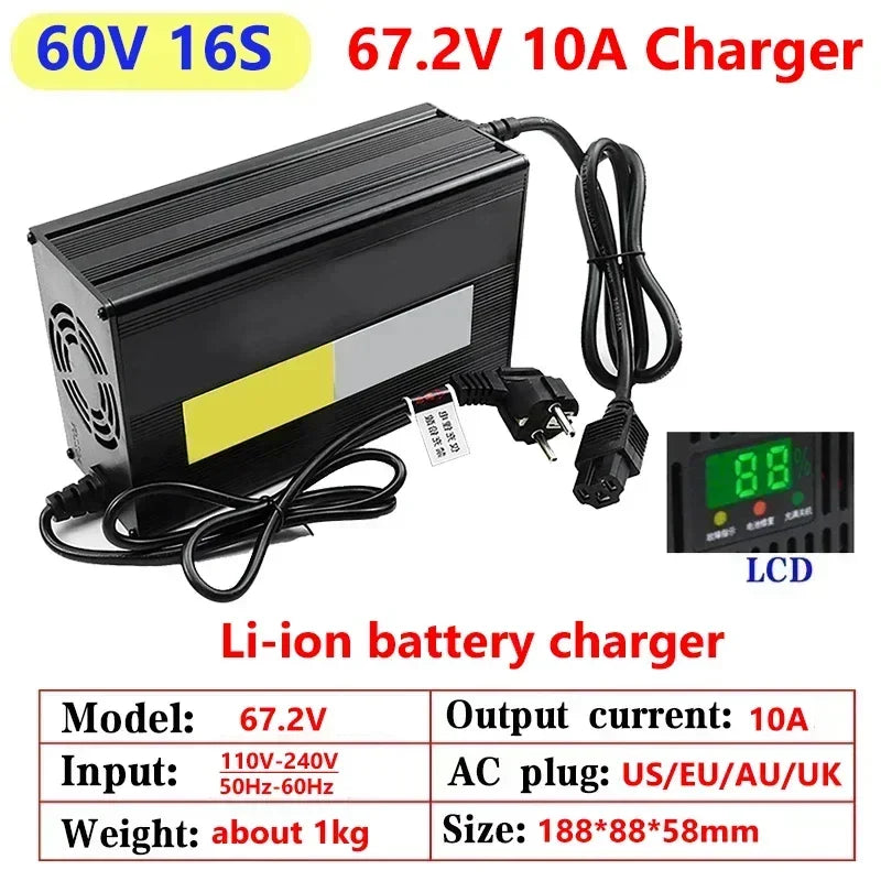 Black 54.6V 8A Li-ion battery charger with a power cord, shown on a white background with text specs and a small LCD display inset.