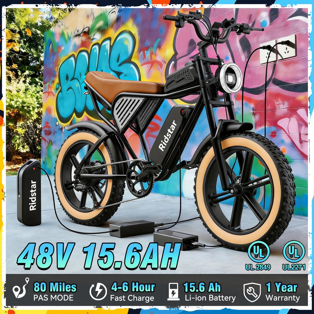 A black Ridstar electric fat-tire bicycle with a brown saddle and tan sidewall tires, shown with a matching black Ridstar battery pack and charging dock. The bike is parked in front of a colorful graffiti wall, with product specifications and certification logos displayed at the bottom.