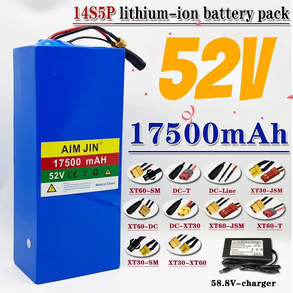 Blue AIM JIN 14S5P 52V 17500mAh lithium-ion battery pack with connector diagrams and charger shown on a white background with promotional text.