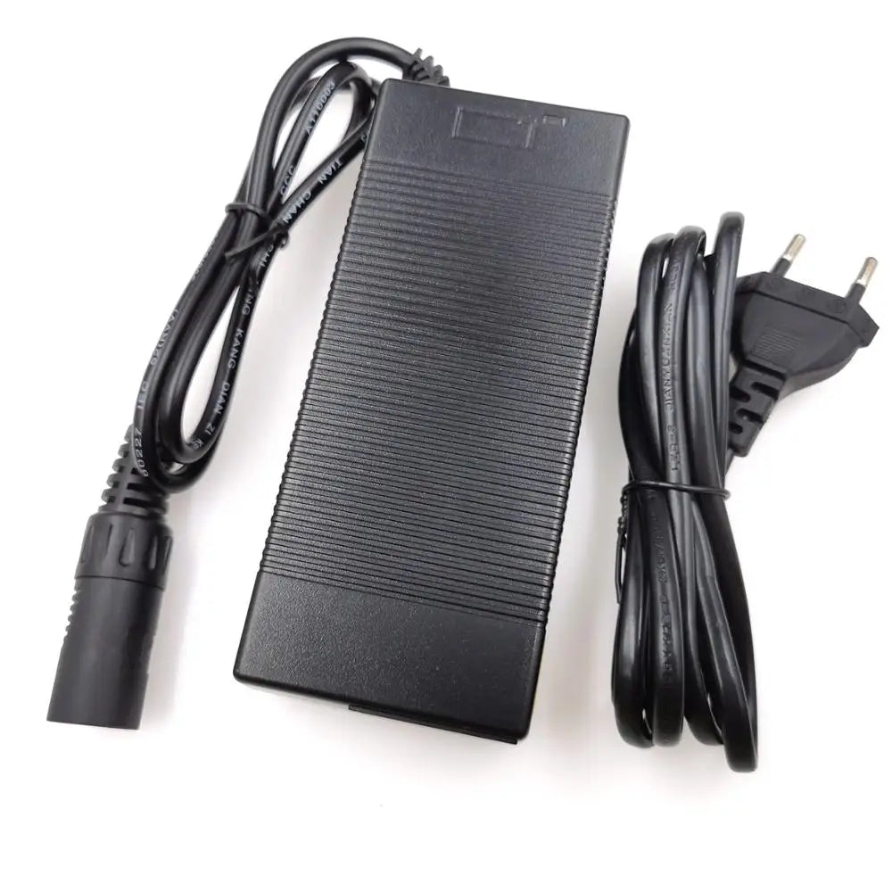 Black power adapter with cables on a white background