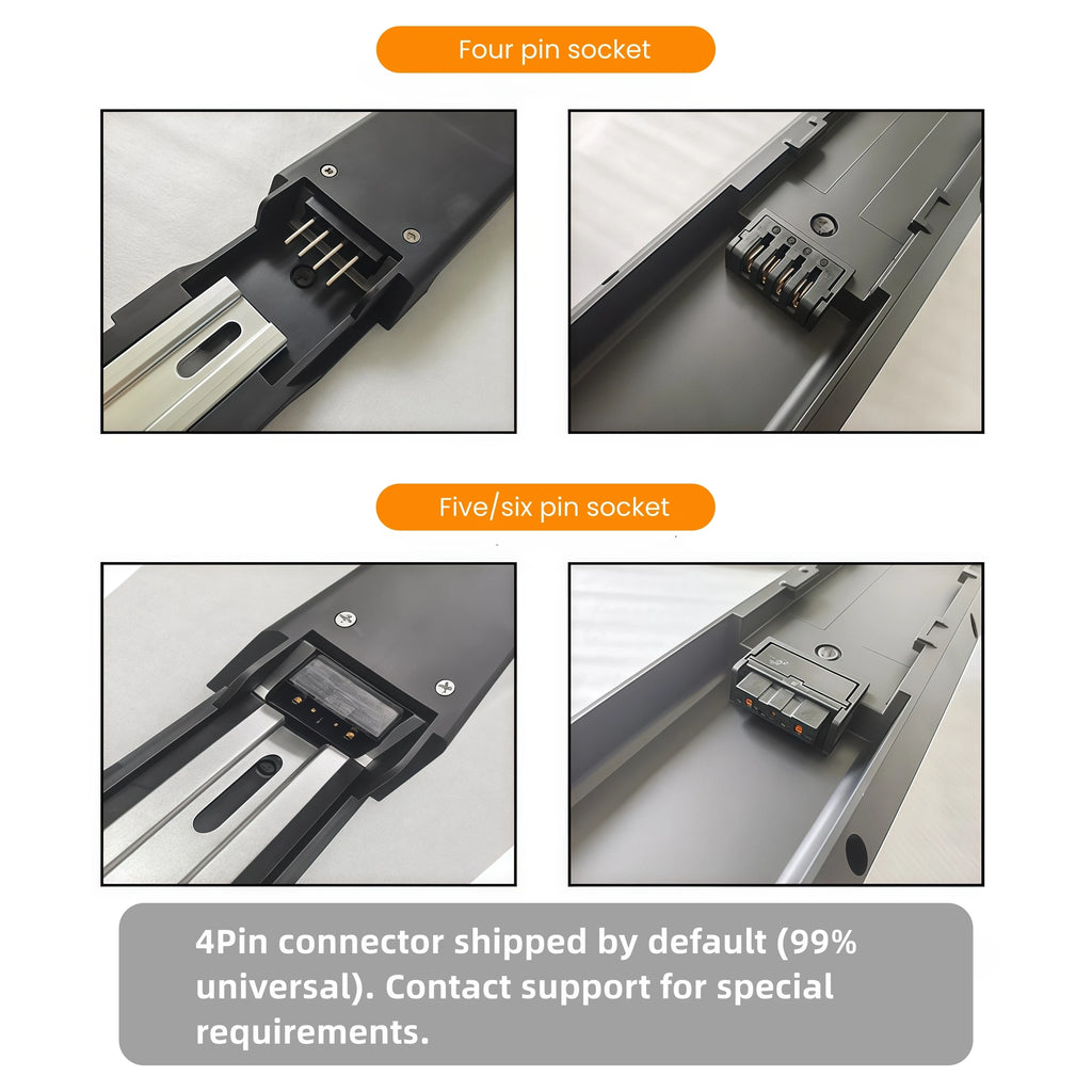 Technical product diagram showing two types of pin sockets: a four-pin socket and a five/six-pin socket, with explanatory text noting that the 4-pin connector is shipped by default.