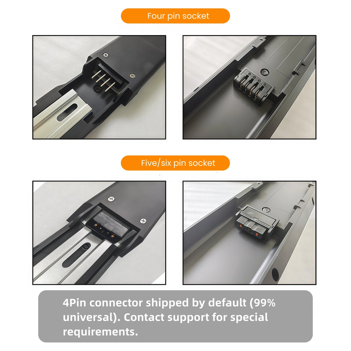Technical product diagram showing two types of pin sockets: a four-pin socket and a five/six-pin socket, with explanatory text noting that the 4-pin connector is shipped by default.
