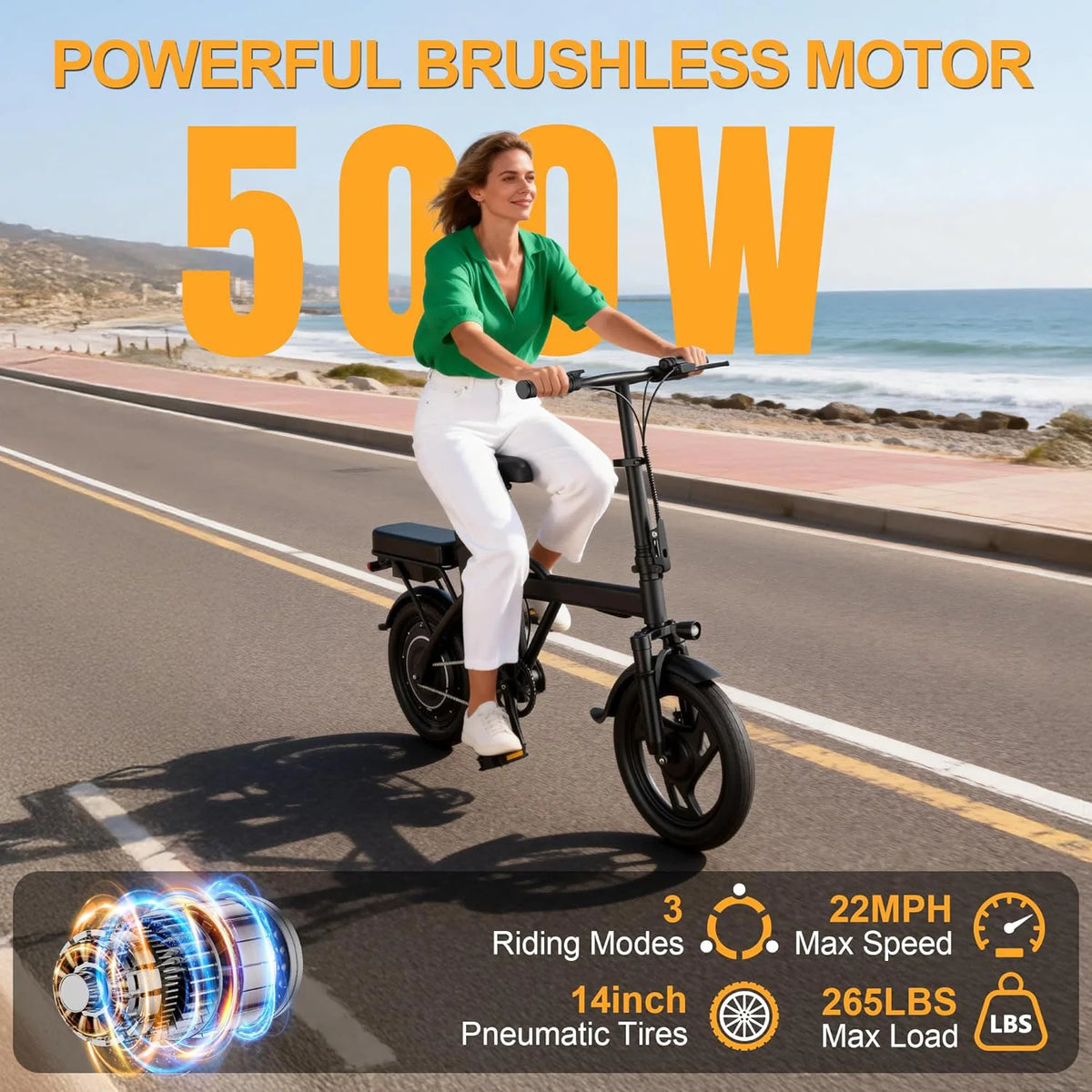 Woman riding an electric bike on a road with ocean view, featuring text about the bike's specifications.