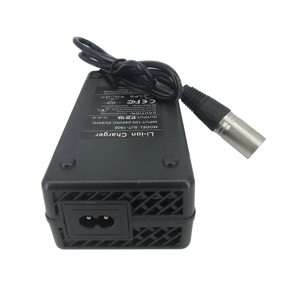 A black lithium-ion battery charger with a power cord and a silver metal connector, shown on a plain white background.