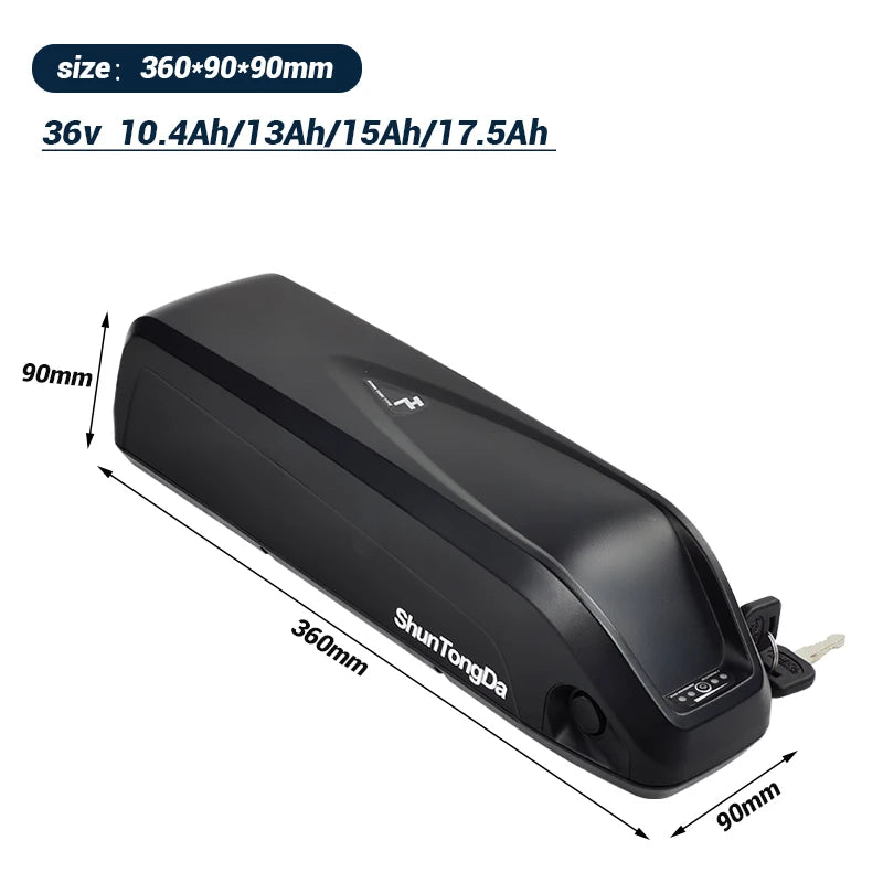Black ShunTongDa 36V electric bicycle battery with dimension annotations showing 360mm length, 90mm width, and 90mm height on a white background.