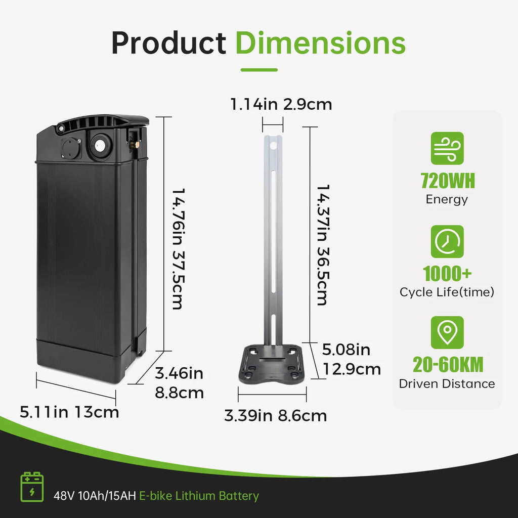 Product dimensions diagram for a 48V 10Ah 15AH e-bike lithium battery, showing the battery pack, mounting bracket, and key measurements on a light gray background with feature icons on the right.