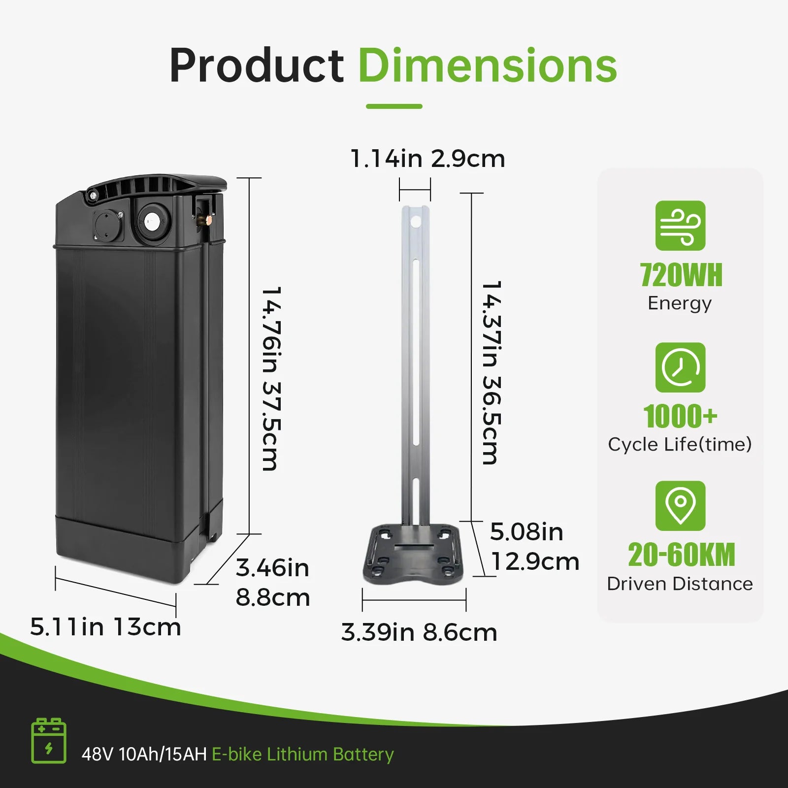 Product dimensions diagram for a 48V 10Ah 15AH e-bike lithium battery, showing the battery pack, mounting bracket, and key measurements on a light gray background with feature icons on the right.