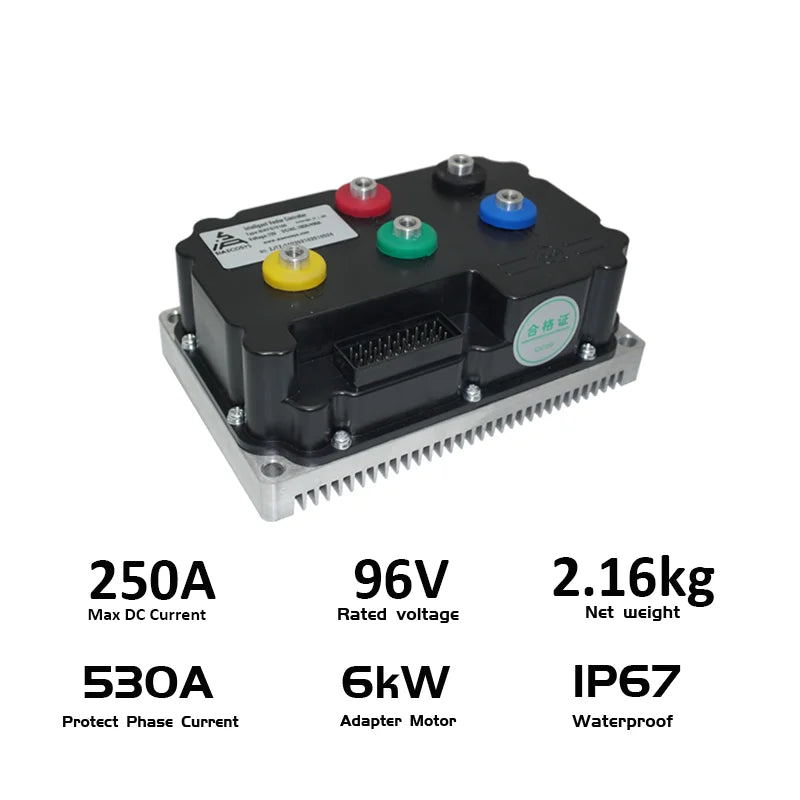 A black and silver electric motor controller with colorful terminal buttons, shown on a white background with technical specifications text below.