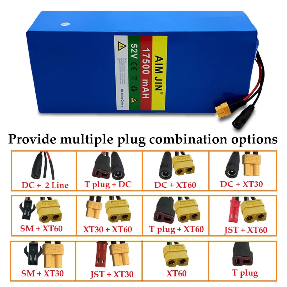 Blue rectangular lithium-ion battery pack with a yellow and green label reading AIM JIN 17500 MAH 52V, shown above a diagram of multiple plug combination options including XT60, JST XT60, T plug, and DC.