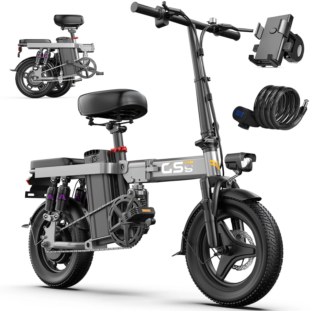 Gray electric bike with accessories on a white background