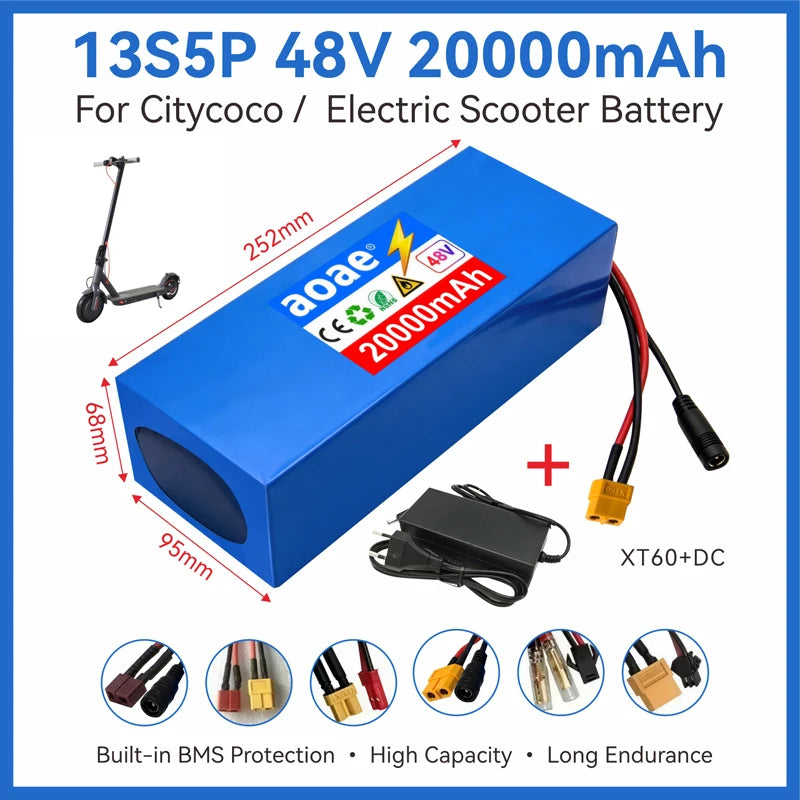 Blue 13S5P 48V 20000mAh lithium-ion battery for electric scooters, shown with an adapter, cable, and dimension labels on a white background with product features and connector details.