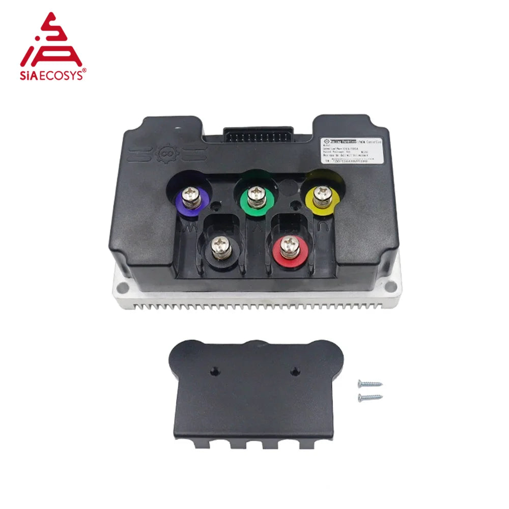 Black electronic control module with four colored terminal connectors (purple, green, yellow, red) and a separate black cover plate with two silver screws, shown on a white background with the SIAECOSYS logo in the top-left corner.